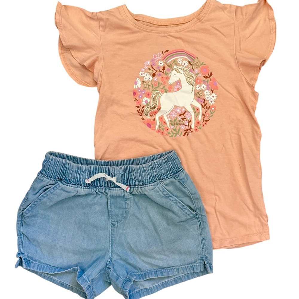 Peach Unicorn Tee and Blue Shorts Set 7/8